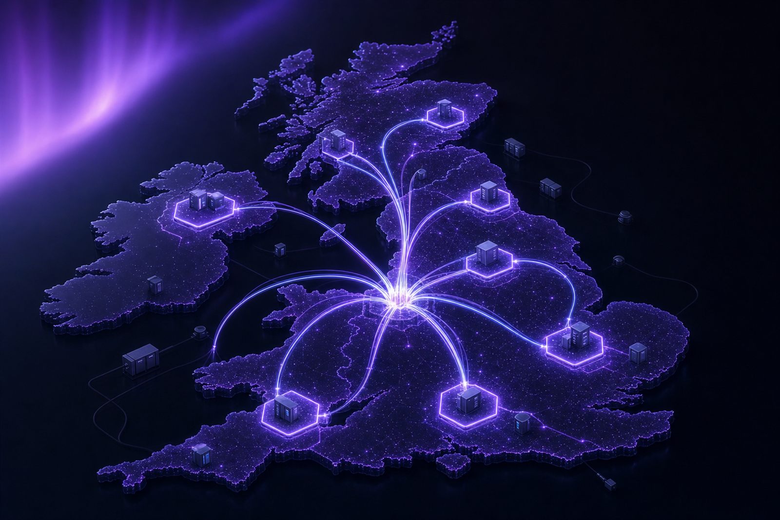 Glowing 3D map of the UK with violet build-zone hexagons across multiple cities and fibre cables radiating out from the centre.