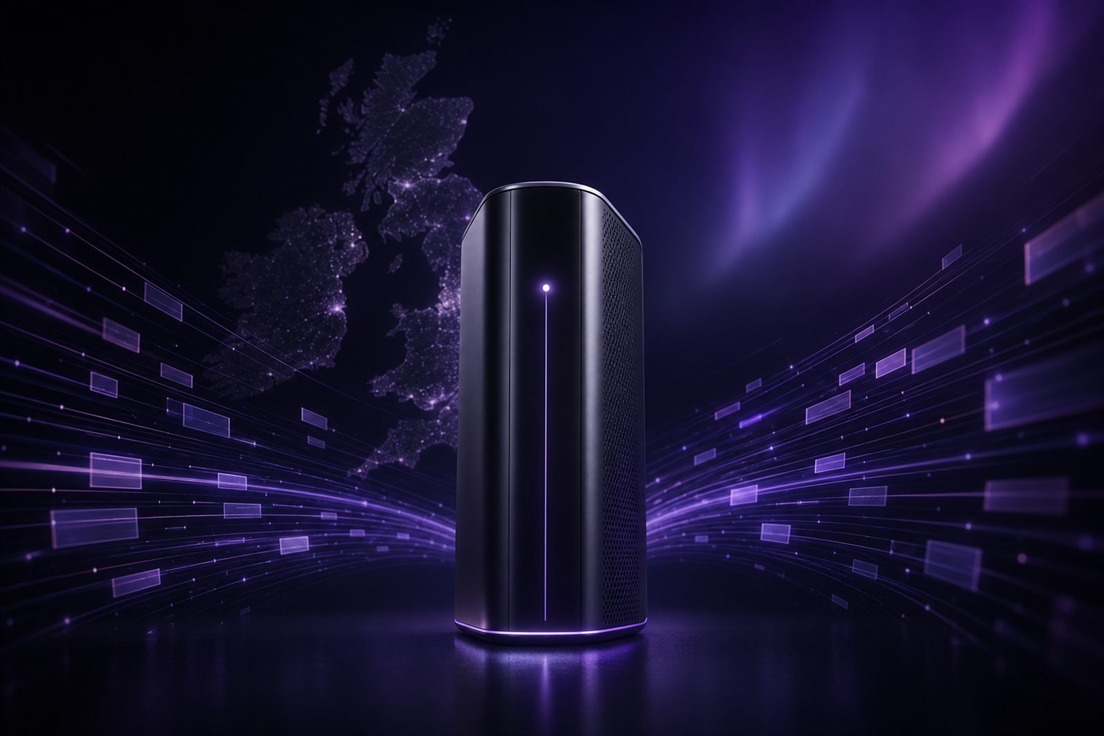 A dark satin-chrome corporate network appliance with a glowing violet status LED, surrounded by floating data-packet rectangles, against a faint UK silhouette.