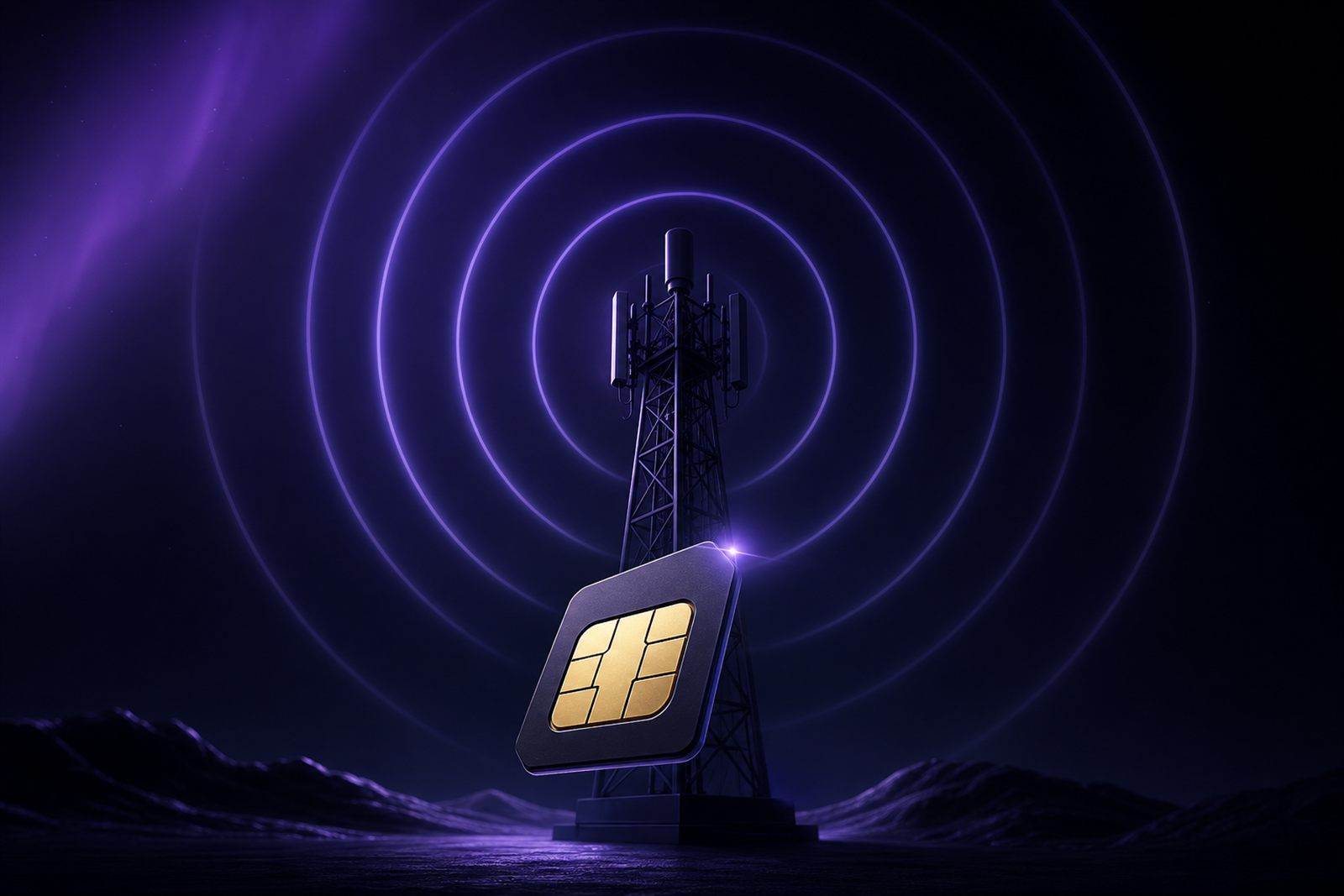 A dark graphite cell tower silhouette with concentric violet signal-wave rings emanating outward and a glinting SIM chip in the foreground.