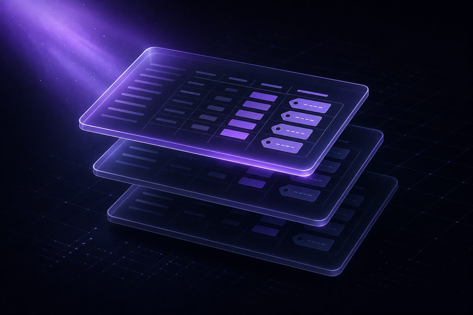Three stacked translucent rate-card panels with a violet beam underlining the active card, set against a faint ledger grid.