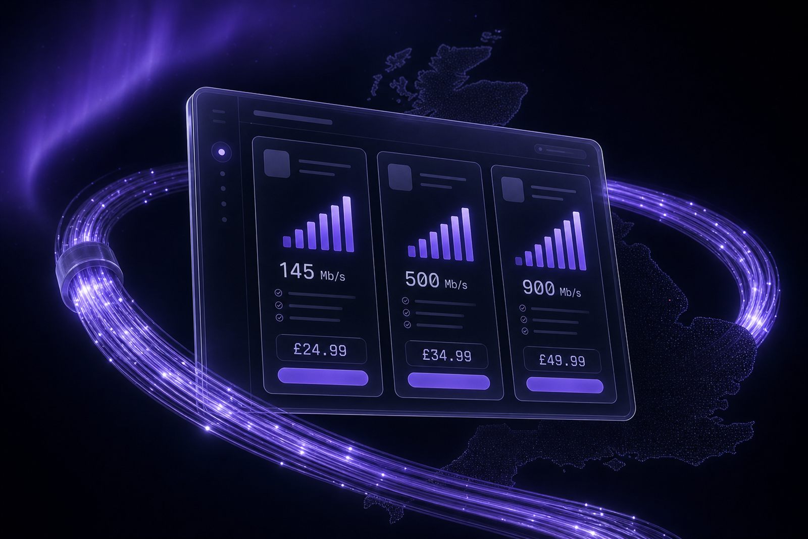Broadband comparison dashboard with speed-tier cards wrapped in glowing fibre cables