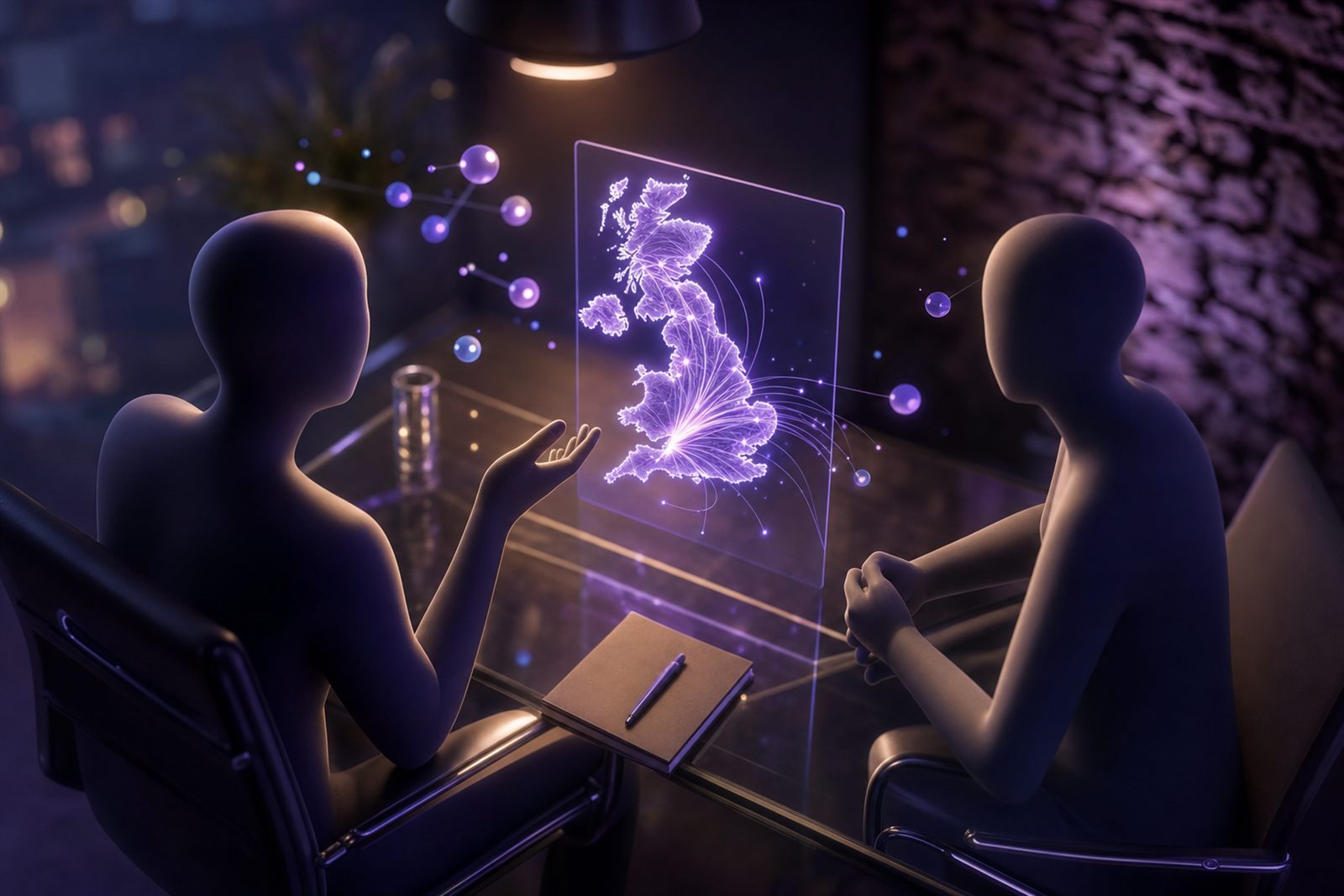 Two figures across a glass desk with a glowing translucent UK map between them, symbolising a face-to-face conversation about UK broadband