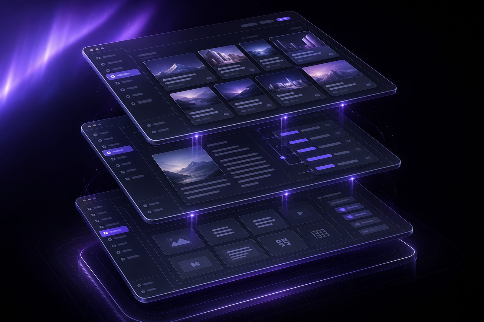Stack of CMS dashboard panels connected by glowing violet light beams