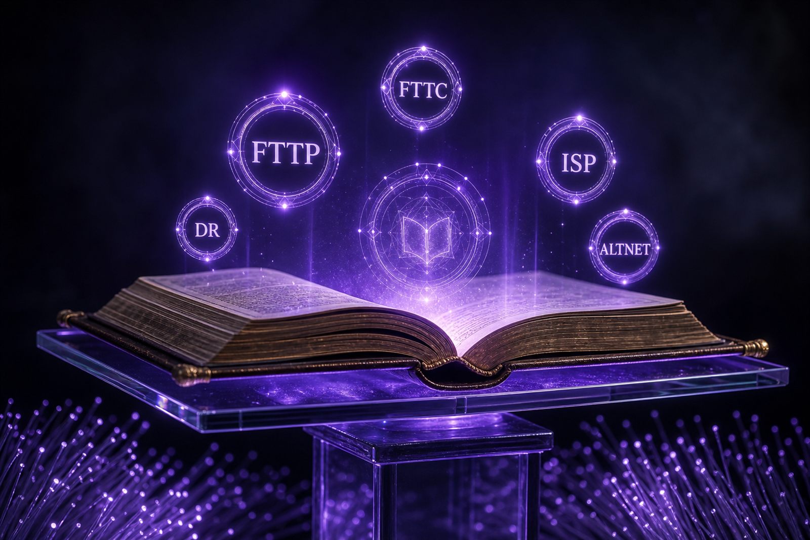 Open glass-bound dictionary on a podium with floating neon-violet acronym badges (FTTP, FTTC, ISP, DR, ALTNET) hovering above its pages, surrounded by faint fibre-optic strands on a dark indigo background