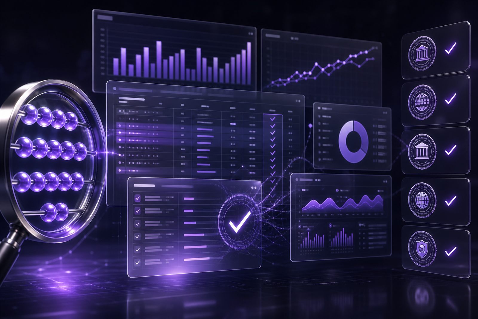 Cluster of translucent glass dashboards showing bar charts, line graphs, audit checkmarks and verified-source seals on a dark indigo background