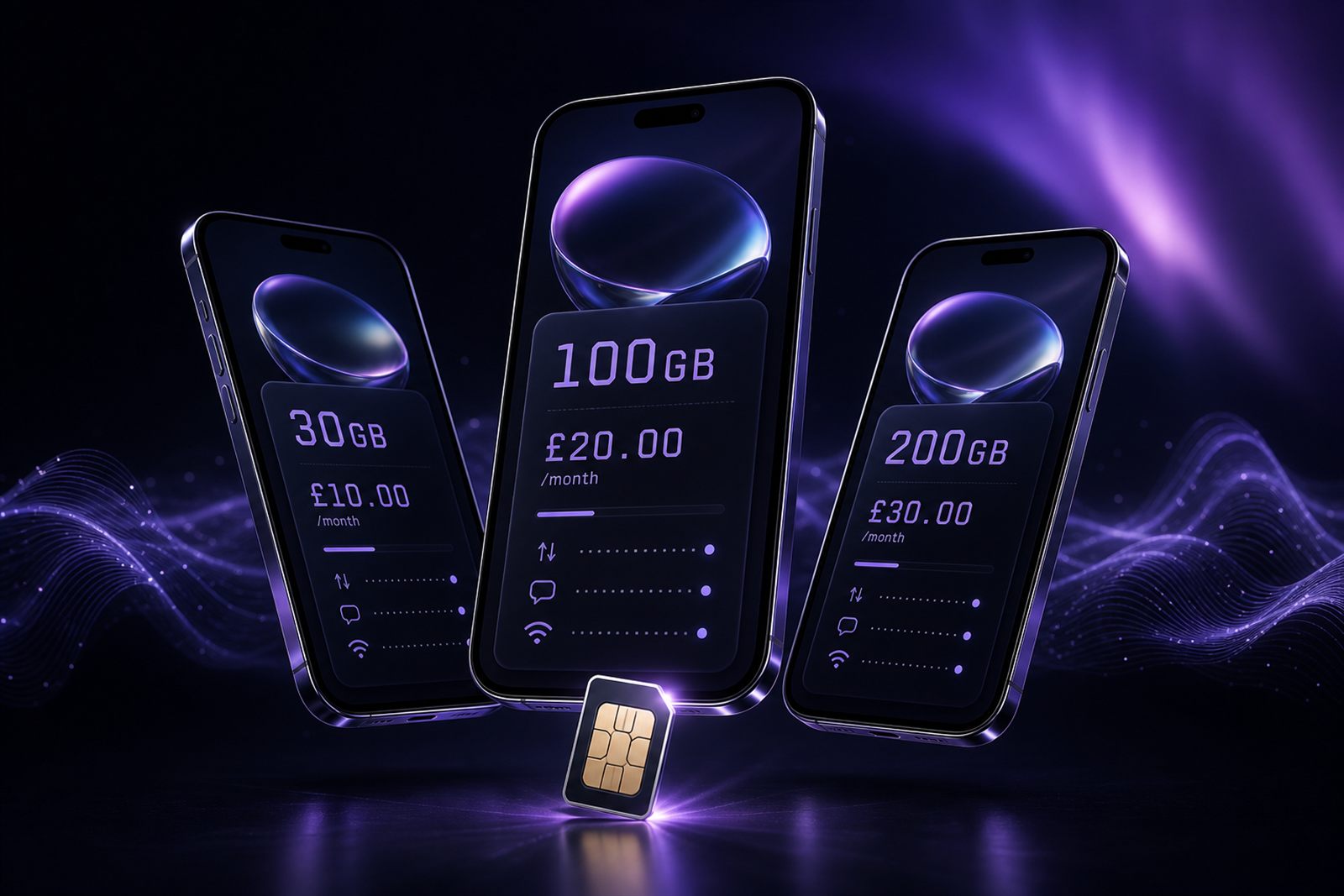 Three floating smartphones showing mobile tariff cards with a glowing SIM chip