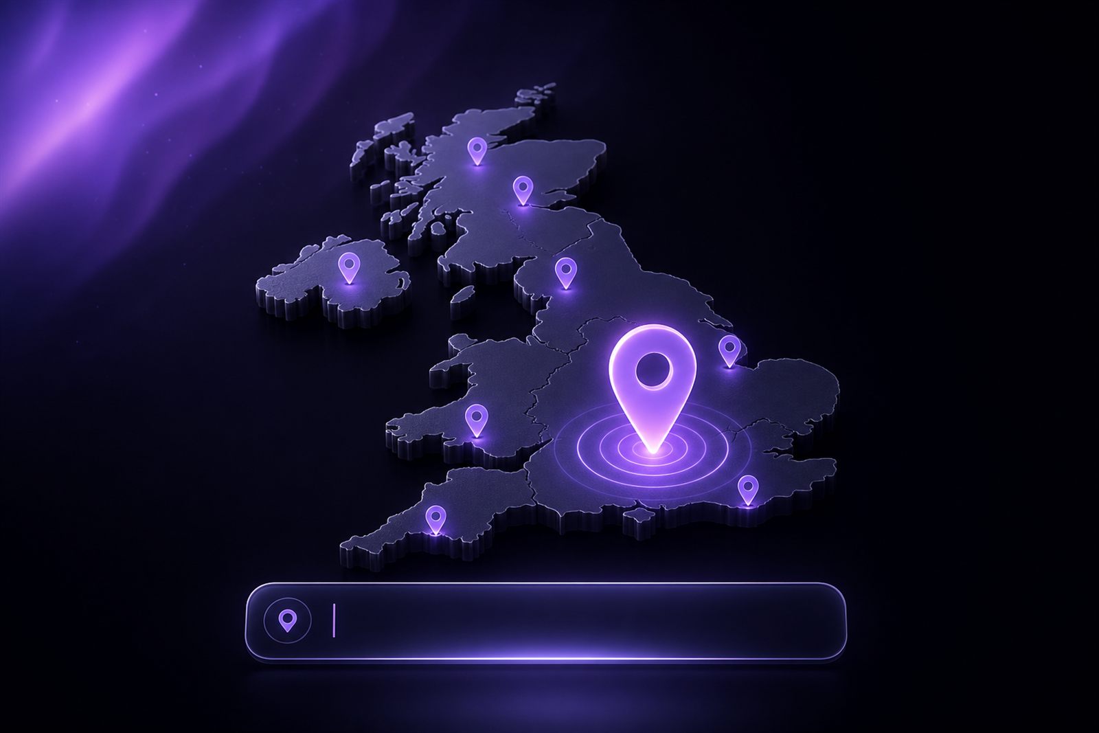 3D map of the UK with glowing location pins and a floating search bar
