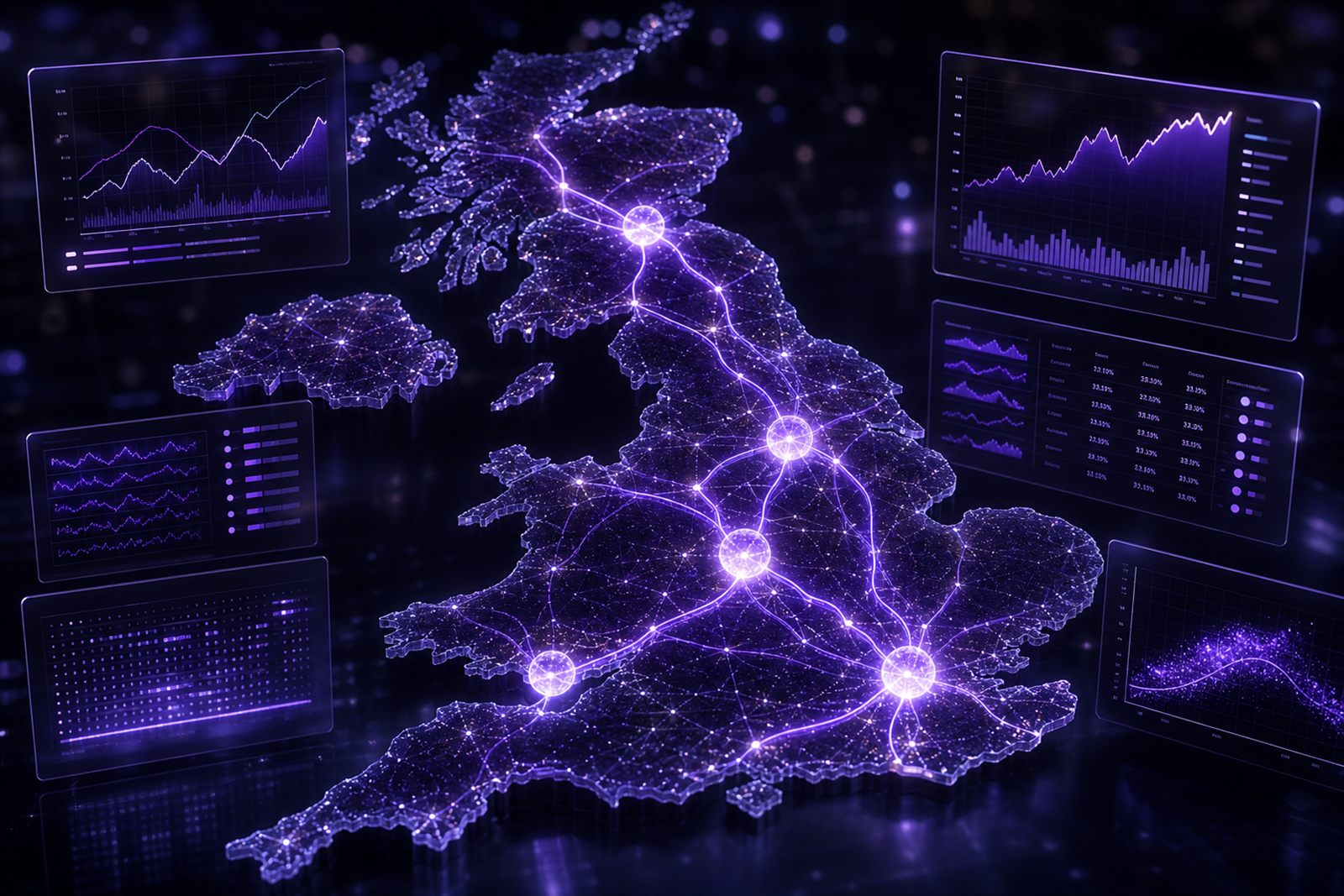 UK research dashboard visual: translucent UK map with neon fibre routes and floating data panels, illustration for UK Broadband Market Pulse 2026