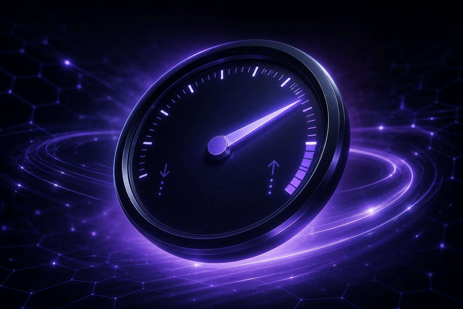 Glowing speedometer dial pointing to 900 Mbps with motion-blur light trails