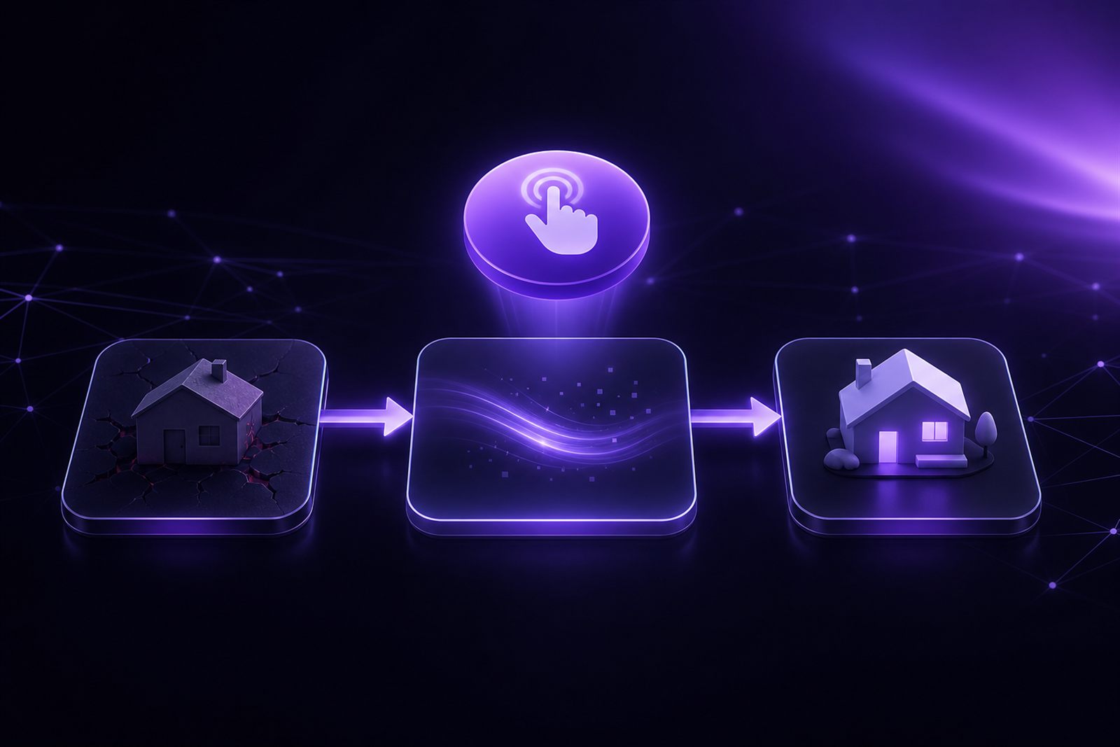 Flow diagram showing one-touch switching from old to new provider with violet arrows