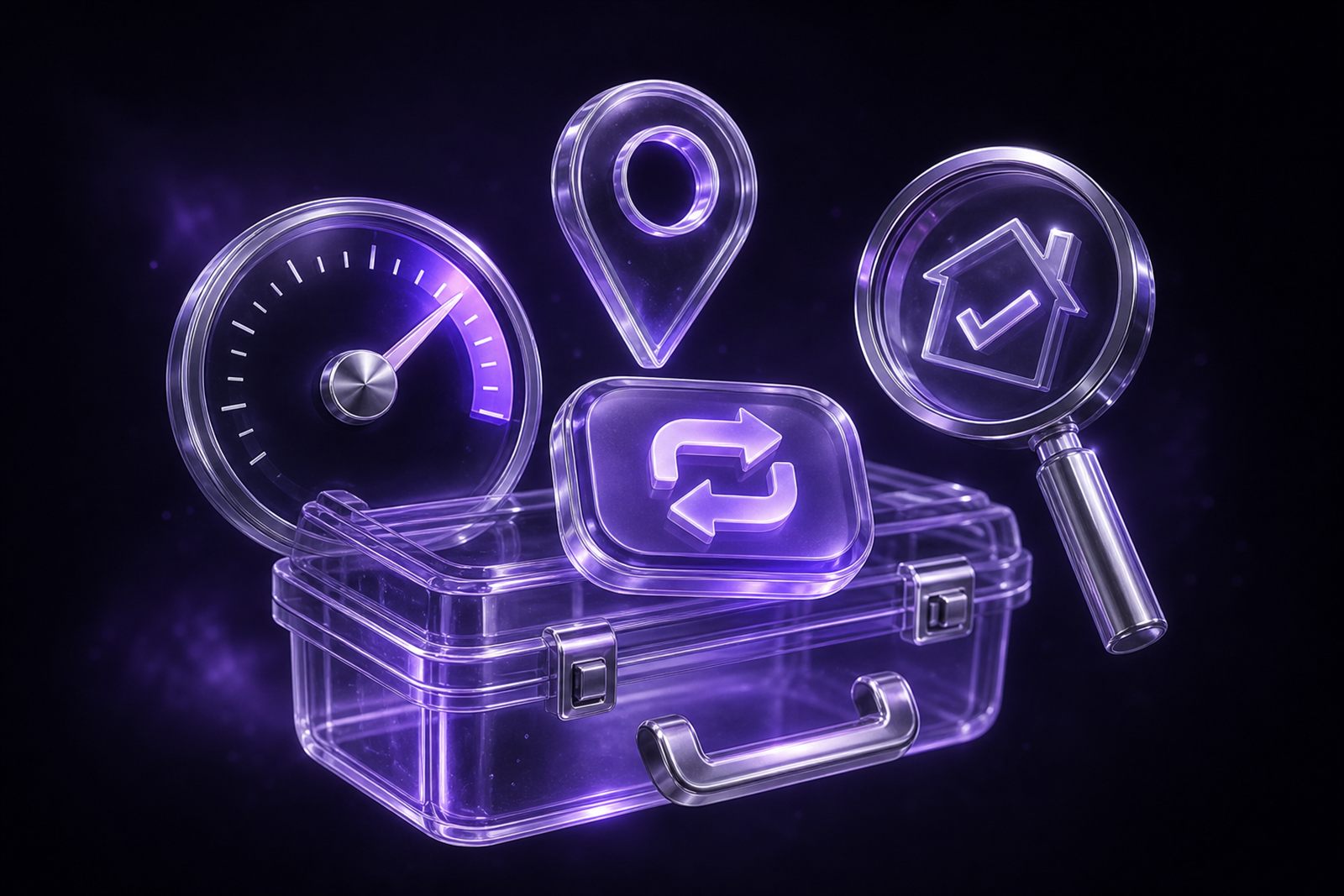 Floating broadband toolkit with a translucent speedometer dial, location pin, availability magnifying glass and switch button rendered in violet glass on a dark indigo background